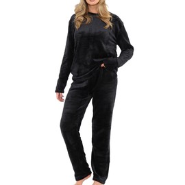 A2Z Womens Pyjamas Soft Warm Fleece Twosie Adults Crew Neck Long Sleeve - PJS 216 Black Ladies 20-22