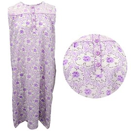 Zmart Australia Women's 100% Cotton Sleeveless Long Nightie Night Dress Pajamas Sleepwear Button, Purple Flowers, 16