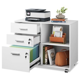 DEVAISE 3-Drawer Wood File Cabinet with Lock, Mobile Lateral Filing Cabinet, Printer Stand with Open Storage Shelves for Home Office, White