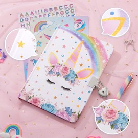 WERNNSAI Magic Unicorn Journal Set - Glitter Diary Gift for Girls Kids School Travel Private Notebook Hardcover A5 Memos Writing Drawing Notepad Ballpoint Pen Stickers with Lock and Keys