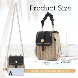 HomKuch Straw Shoulder Bag for Women, Summer Small Boho Purse Rattan Beach Handbags Purses, black
