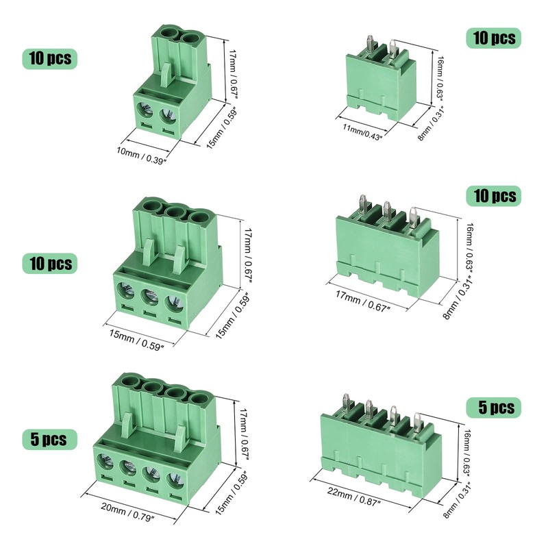 25 Pairs 5.08mm Pitch 2/3/4 Pin Screw Connector Pluggable Terminal