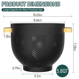 Metal Colander with Wood Handle and Stable Base, Colander for Kitchen, Strainers and Colanders, Food Grade Coated Steel Strainer for Draining Vegetables and Fruits (5.8 Quart, Matte Black)