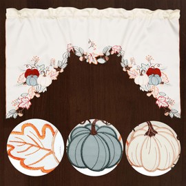 Grelucgo Embroidered Fall Autumn Thanksgiving Kitchen Window Rod Pocket Swag and Tiers Curtain Set (Pumpkins)