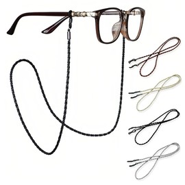 Pack of 4 Leather Glasses Cord, Braided Glasses Cord, Universal Glasses Straps, Glasses Chain, Adjustable Glasses Cord for Men and Women (Black + Brown + White + Grey)