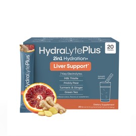Hydralyte Liver Support + Electrolyte Mix with Milk Thistle, Turmeric, Ginger, Prickly Pear, Green Tea Extract Formulated for Rapid Rehydration (Blood Orange Ginger, 20 Packets)