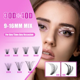 ALUDALASY DIY Lash Extension Kit 240PCS Fluffy Lash Clusters Wispy 30D 40D 9-16mm D Curl Lash Bond and Seal Waterproof and Tweezer Individual Eyelash Extension Kit at Home(30D+40D)