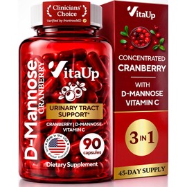 VitaUp D mannose with Cranberry and Vitamin C - USA Made D-mannose 1000mg Capsules - Cranberry Pills for Urinary Tract & Bladder, Immune Support - 90 Count