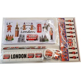 Souvenirs London Pencil Case with Pencil, Sharpener, Ruler & Union Jack Eraser - Red Bus Telephone Box Tower Bridge Big Ben - UJ British School Kit