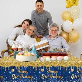Happy Birthday Tablecloth,3pcs Navy Blue and Gold Table Cloths for Parties Glitter Birthday Decoration for Women Men’s 18th 21st 30th 40th 60th 70th Birthday Party Supplies