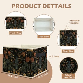 WARDOS Vintage Gothic Crow Floral Storage Bin Box with Handles, Dark Academia Cottagecore Flower Botanical Foldable Linen Fabric Laundry Basket for Home Bedroom Bathroom Clothes Toys Books