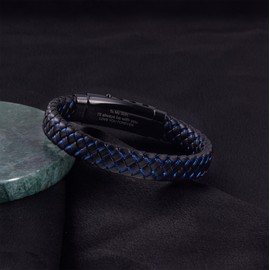 QUKE Mens Leather Bracelet Black & Blue Braided Leather Adjustable Stainless Steel Clasp Bracelets for Son (Fit for Wrist Length:19-21CM)