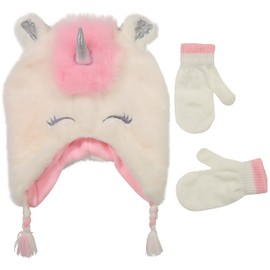 Toddler Winter Hat and Mittens for Boys & Girls Ages 2-4 Years Old or Fleece Lined Hat & Kids Gloves Set for 4-7 + Chin Strap (Pink/White Unicorn-Mittens)