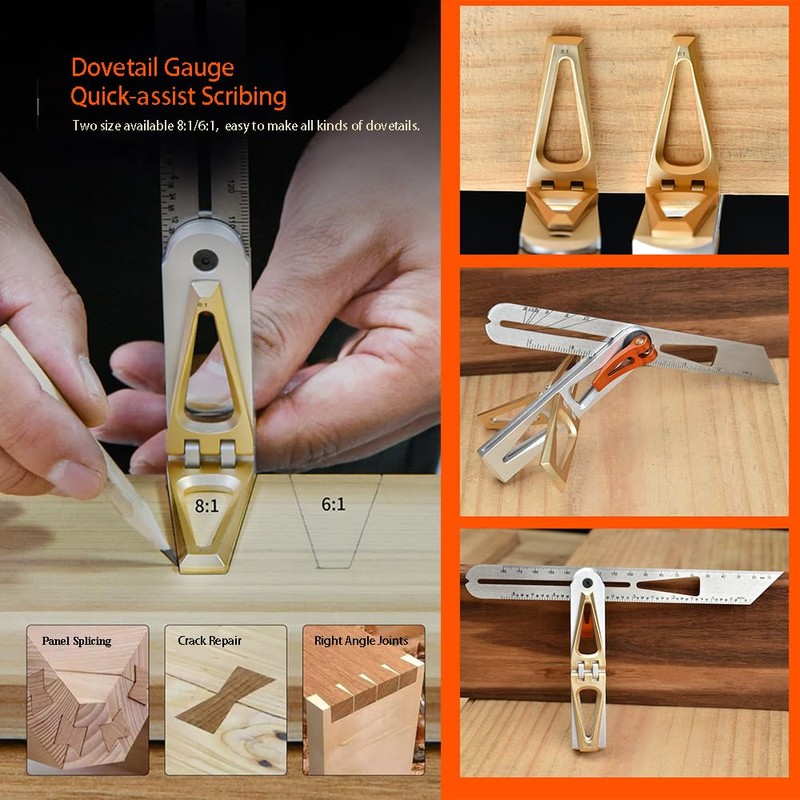 Woodworking 90/45 Degree Scriber Ruler, 6:1/8:1 Dovetail Gauge, T-Shape Multi-Angle