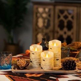 Enido Wax Flameless LED Candles with Timer 3 Pc Flickering Flameless Candles for Romantic Ambiance and Home Decoration, Rustic Home Decor Mood Lighting Cozy Fall Decor Battery Operated Candles Birch