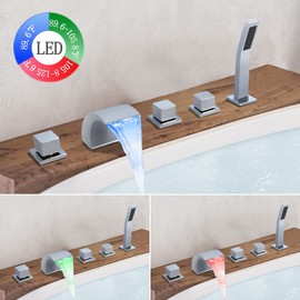 Bathtub Faucet Deck Mount Widespread Waterfall Roman Tub LED Bathroom Bathtub Faucet with Hand Shower, Dr Faucet Polished Chrome