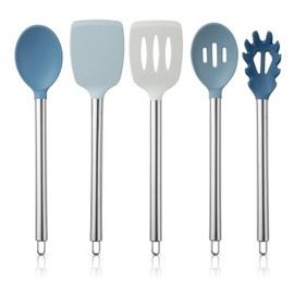COOK WITH COLOR Silicone Cooking Utensils, 5 Pc Kitchen Utensil Set, Easy to Clean Silicone Kitchen Utensils, Cooking Utensils for Nonstick Cookware, Kitchen Gadgets Set (Blue and White)