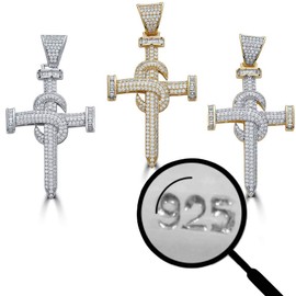 HarlemBling Solid 925 Sterling Silver Iced Out Nail Cross Pendant - Men's - Great For Any Chain! Icy Baguette CZ (14k Gold)