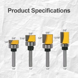 4PCs Pattern Flush Trim Router Bits 1/4 Inch Shank, Top Bearing Straight Cut Router Bit for Woodworking, Prevent Tear-Out, Cutting Length 1/4", 5/8", 7/16", 13/16"
