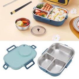 Thermal Lunch Containers, 4 Compartments Insulated Lunch Box Portable Bento Box with Spoon, Chopsticks and Soup Bowl for School Office Picnic (Blue)