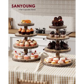 SANYOUNG Wood Cupcake Stand, 4 Tier Wooden Cupcake Tower, Large Rustic Cupcake Display Holder Stand, Tiered Dessert Stands for Farmhouse Decor, Baby Shower, Wedding, Birthday, Party