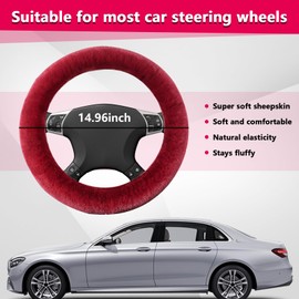 Suvnie Fur Wool Sheepskin Car Steering Wheel Cover, 15 Inch Fluffy Anti-Slip Auto Steering Wheel Protector for Warm Winter, Universal Fuzzy Plush Vehicle Steering Wheel Accessories (Wine Red)