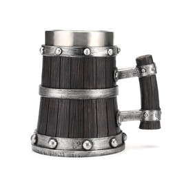 Taza vikinga nórdica, taza de cerveza pirata, taza de cerveza de barril de madera, forro de acero inoxidable, copa de vino medieval, decoración de bar clásico para accesorios para el hogar, regalos