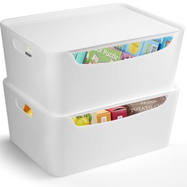 White Plastic Storage Bins for Pantry, 2 Pcs White Plastic Organizer Bins with Lids, Refrigerator Organizer Bins Stackable, Storage Containers Organizing for Shelves, Basket Storage Bins for Toys