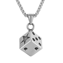 HZMAN Men's Dice Necklace, Stainless Steel Gothic Bar Pendant, Lucky Jewelry 22+2 Inch Box Chain (Silver)