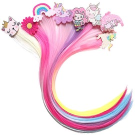 LALAFINA 8piezas Extensiones De Cabello Para Niñas De Clips Coloridos Unicornio y Flores Accesorios Fiesta y Cumpleaños Mechones Divertidos Para Niñas Clip Cabello Amigable La