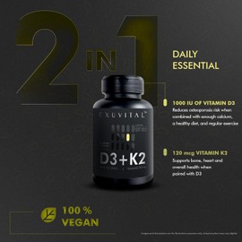 EXUVITAL D3 & K2 Vitamin Supplement – Vegan D3 1000 IU & K2 MK7 120 mcg – Bone, Heart & Immune Support – Non-GMO, Gluten-Free Vitamins – Vitamin D3 and K2 Supplements – 60 Vegan Capsules