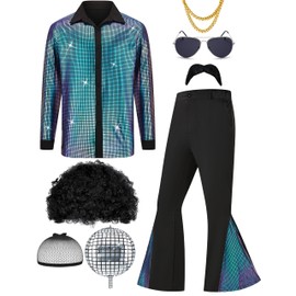 70s Disco Outfit for Men 70s Costume with Retro Shirt Bell Bottom Pants Wig Sunglasses Necklace Mustache (Blue, Large)