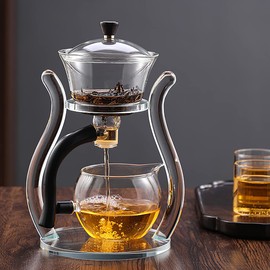 Lazy Kungfu Drip TeaPot, Heat Resistant Tea Set, Semi-Automatic Glass Teapot Suit for Magnetic Water Flow Wooden Glass Teapot Set