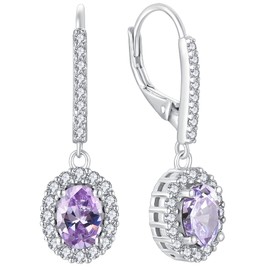 YL Women's Earrings 925 Sterling Silver 12 Birthstone Cubic Zirconia Oval Earrings, Silver, Alexandrite