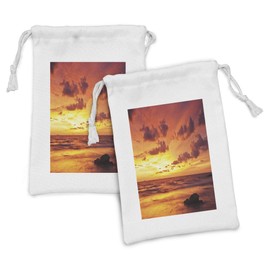 Lunarable Ocean Fabric Pouch Set of 2, Tropical Sunset at Rocky Beach Thailand Wavy Sea and Cloudy Sky, Small Drawstring Bag for Toiletries Masks and Favors, 9" x 6", Dark Orange Yellow