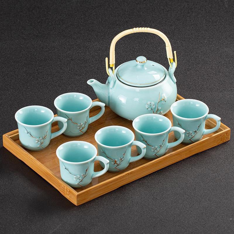 KEYDUACU Japanese Tea Set, Celadon Ceramic Tea Set, Plum Blossom