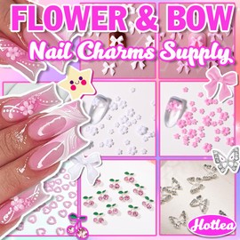 3D Flower Nail Charms Bulk Pink and White Bows Pearls Charms for Nails Cherry Butterfly Heart Pearl Nail Charms and Gems Flowers and Bows Nail Supply for Nail Art Design