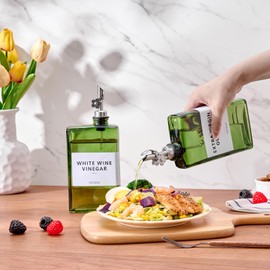 MUVEKA Olive Oil Dispenser Bottle for Kitchen, Vinegar Dispenser Bottle Set, Glass Sauce Container, Oil Cruet with Labels, Brush, Funnel, Stoppers, Green for Wine