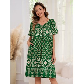 Tugege House Dress for Women Short Sleeve Moo Moos Nightgown Floral Print Mumu Dresses with Pockets, Green - 2, Medium
