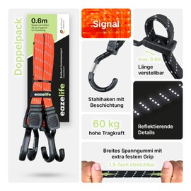Set of 2 Rubber Tension Straps, Adjustable Reflective Wide Band Expander with Metal Hooks, Heavy Duty for Car, Bicycle and Outdoor Activities (10 Colours, 4 Lengths) (60 cm, Signal)