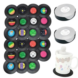 Retro Vinyl Record Coasters (24 Pcs) with 2 Holders – Unique Vinyl Gift Set for Drinks, Tabletop Protection, and Kitchen Accessories