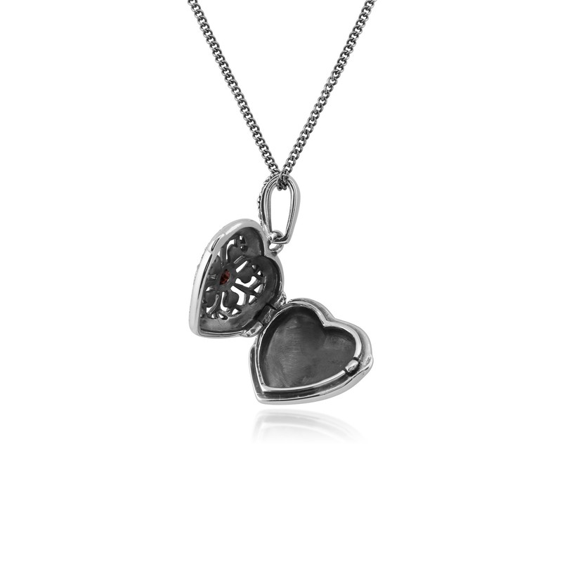 925 Sterling Silver Garnet & Marcasite Heart Locket Necklace