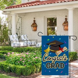 FUYUCHEN Diploma Cap Congrats Grad Garden Flag 12x18 Inch Double Sided Outside Small Burlap Flags, Class Of 2025 Graduation Ceremony Sign Yard Outdoor Decoration (Blue)