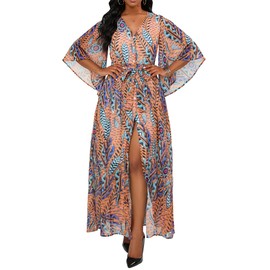 VERWIN Print Maxi Dress Chiffon Dress Button Down Belted Dress with Pockets Floral Half Sleeve Dress XL Brown