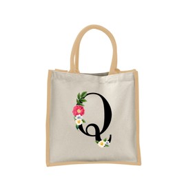 Monogram Initial Canvas Jute Tote Bags for Women - Cotton Shoulder Bags, Reusable Bags for Shopping, Gift bags, Book Bag, Travel Bag, Shopper Bags - Floral Letter Q - Natural - S