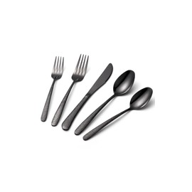 20 Pcs Black Silverware Set, Food-Grade Stainless Steel Flatware Set for 4, Fabric-Textured Cutlery Set, Mirror Polished Tableware Eating Utensils Set for Kitchen, Includes Knife, Fork, Spoon Set