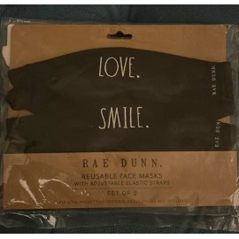 Rae Dunn Reusable Face Mask Adjustable Elastic Straps Set of 2 LOVE & SMILE