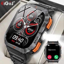 EIGIIS Outdoor Smartwatch with LED Flashlight(Multi-Sport Modes), 3ATM Waterproof, Compass, Smart Watch with Wireless Calls, Music Playback, Weather Forecast, 2.02 Inch Full Touch Screen - Color: Black+Black Steel Band