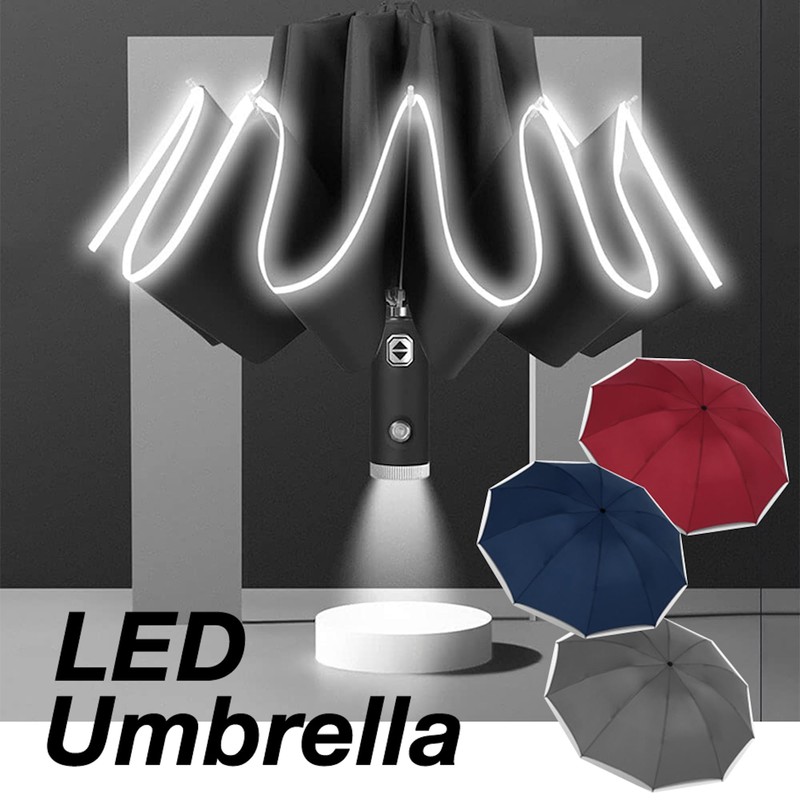 Automatic Open Close Compact Folding Windproof Umbrella with LED Light,