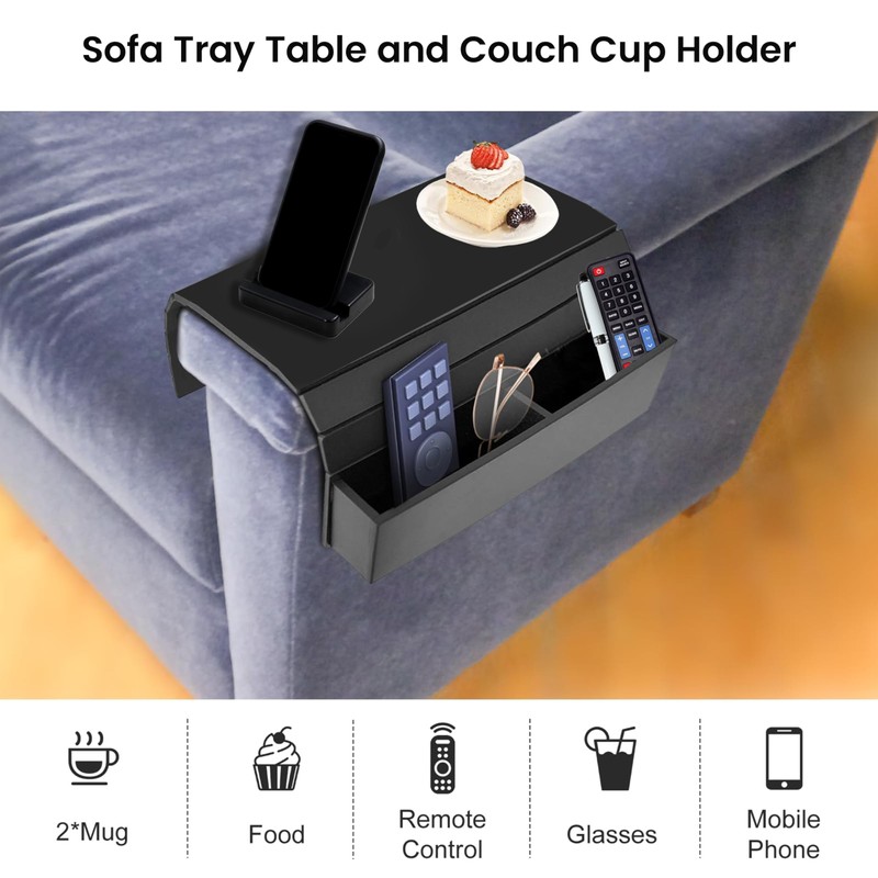 TopClass1 Sofa Armrest Tray with Cup Holder, Foldable Couch Side